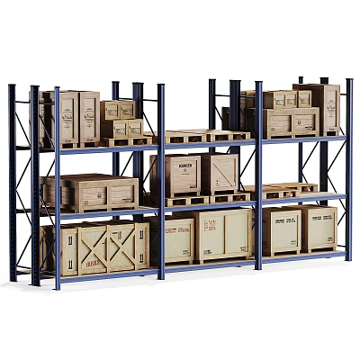 Blue Metal Storage Shelving Units With Multiple Layers And Wooden Boxes 3d model