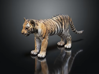 Young Tiger Cub With Striped Fur Standing On Black Reflective Surface 3d model