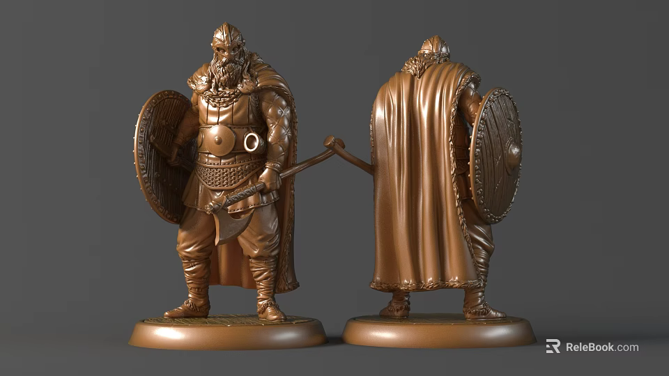 Detailed Viking Warrior Sculpture Bronze Armor Shield Cloak And Base Design 3d model 