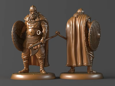 Detailed Viking Warrior Sculpture Bronze Armor Shield Cloak And Base Design 3d model