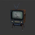 Vintage Television with Antenna and Test Pattern Screen on Brown Case with Knobs and Stand 3d model