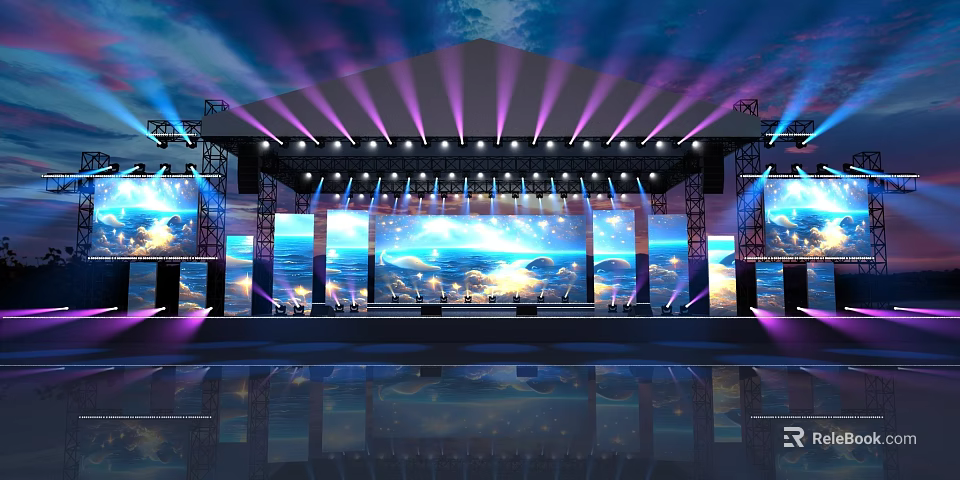 Stage with Purple Blue Lighting Large Screens Ocean Sky Scenes Reflective Floor and Lighting Equipment 3d model 