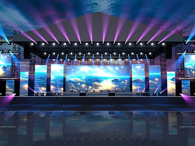 Stage with Purple Blue Lighting Large Screens Ocean Sky Scenes Reflective Floor and Lighting Equipment 3d model
