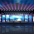 Stage with Purple Blue Lighting Large Screens Ocean Sky Scenes Reflective Floor and Lighting Equipment