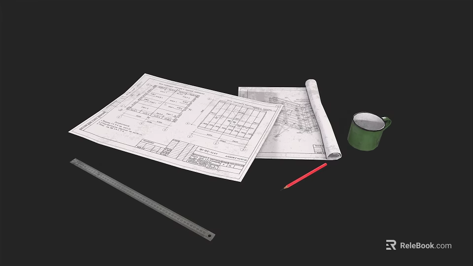 Architectural Plans With Tape Measure Pencil And Green Mug For Daily Use 3d model 
