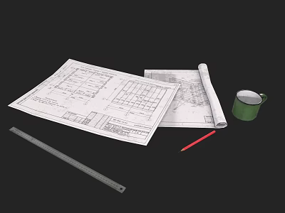 Architectural Plans With Tape Measure Pencil And Green Mug For Daily Use 3d model