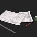 Architectural Plans With Tape Measure Pencil And Green Mug For Daily Use