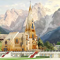 Ancient Church Architecture With Golden Spire Mountain Backdrop And Green Lawn