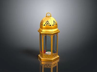 Golden Decorative Lantern With Intricate Cutout Design Glass Panels And Candle Inside 3d model