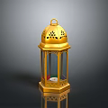 Golden Decorative Lantern With Intricate Cutout Design Glass Panels And Candle Inside