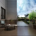 Modern Courtyard Garden Landscape With Bamboo Plants Wooden Flooring Stone Patio And Sofa