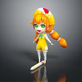 Chibi Style Game Anime Character With Orange Twin Tails Green Eyes Yellow Outfit Hat And Reflective Surface