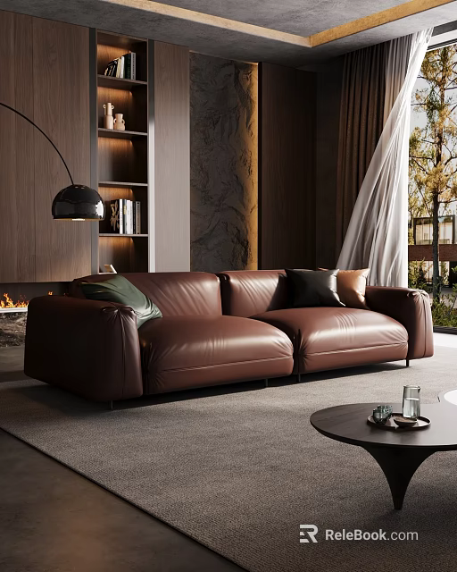 Modern Living Room Interior With Brown Leather Sofa Bookshelf And Scenic View 3d model 