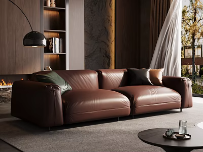 Modern Living Room Interior With Brown Leather Sofa Bookshelf And Scenic View 3d model