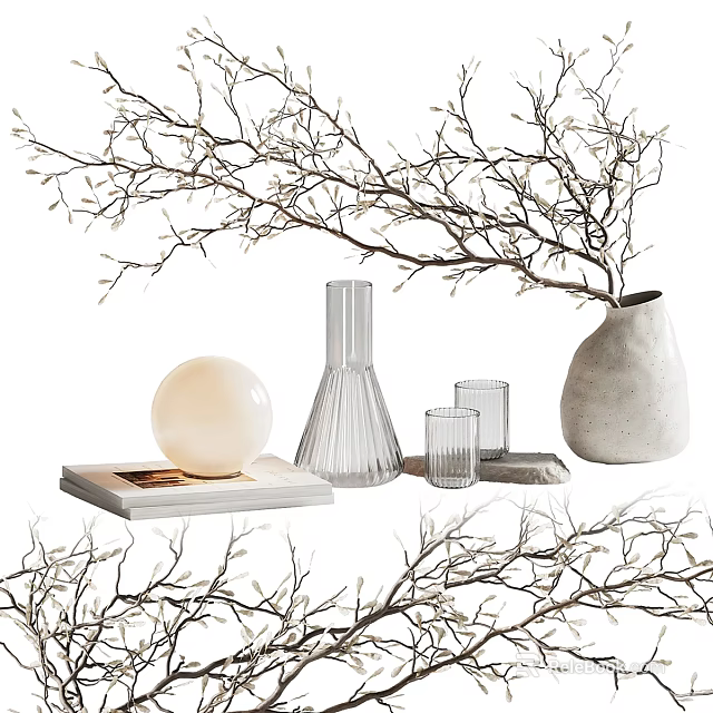 Decorative Ornaments Set With Branches Glass Vases Sphere Decor Tray And Glass Cups 3d model 