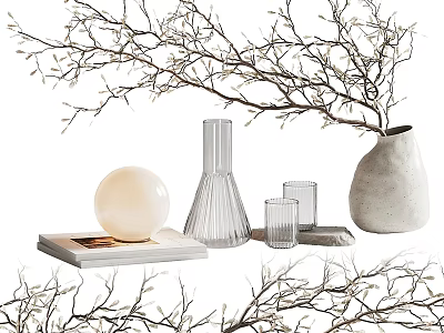 Decorative Ornaments Set With Branches Glass Vases Sphere Decor Tray And Glass Cups 3d model