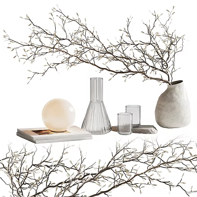 Decorative Ornaments Set With Branches Glass Vases Sphere Decor Tray And Glass Cups 3d model