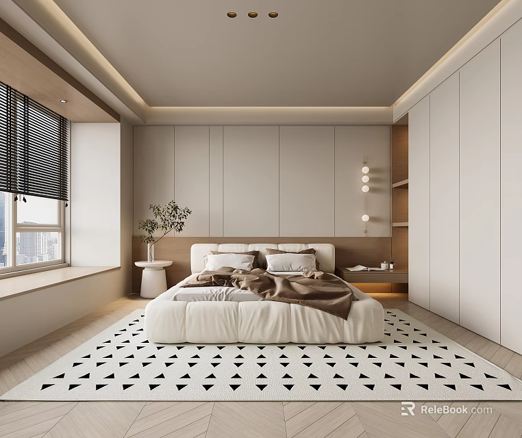 Modern Bedroom Interior Design With White Wardrobes Bed Window Blinds Rug And Plant 3d model 