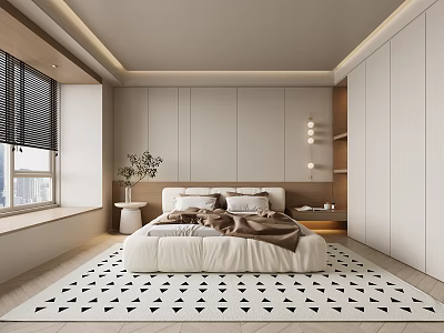 Modern Bedroom Interior Design With White Wardrobes Bed Window Blinds Rug And Plant 3d model