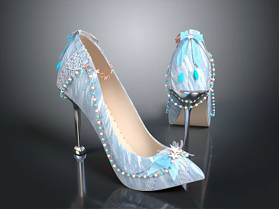 Sparkling Blue Pointed Toe High Heels With Beads Bow And Rhinestones On Stiletto Heel 3d model