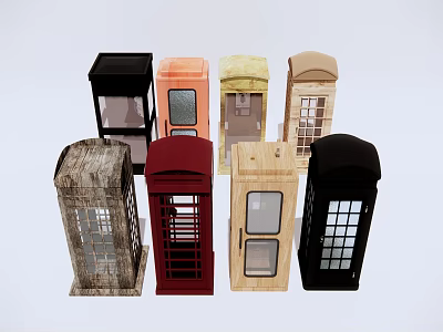 Collection of Public Phone Booths Featuring Various Colors and Different Materials 3d model