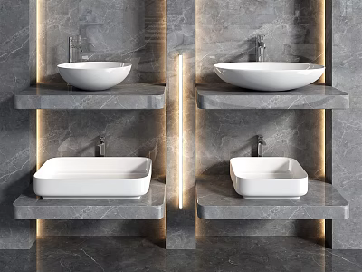 Modern Bathroom With White Ceramic Washbasins On Marble Shelves And LED Lighting 3d model