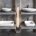 Modern Bathroom With White Ceramic Washbasins On Marble Shelves And LED Lighting
