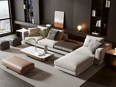 Modern Sofa and Coffee Table Set With Plush Cushions Green Plant Ottoman and Grey Rug 3d model