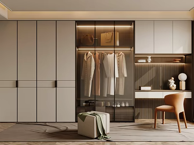 Modern Open Wardrobe Interior Design With Glass Doors Hanging Clothes And Chair 3d model