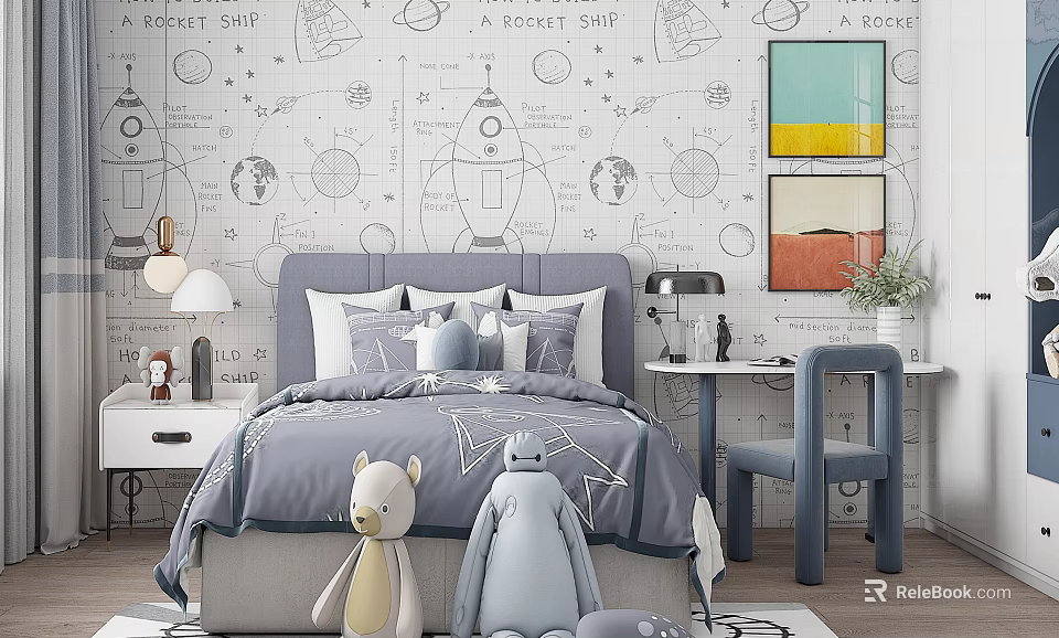 Kids Room Interior With Rocket Wallpaper Bed Pillows Stuffed Toys Desk And Chair 3d model 