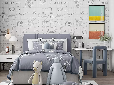 Kids Room Interior With Rocket Wallpaper Bed Pillows Stuffed Toys Desk And Chair 3d model