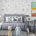 Kids Room Interior With Rocket Wallpaper Bed Pillows Stuffed Toys Desk And Chair