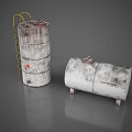 Rusty Vertical And Horizontal Storage Tanks With Yellow Ladder And Metal Bases