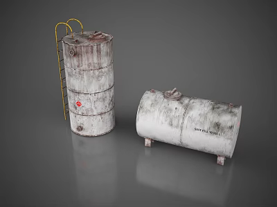 Rusty Vertical And Horizontal Storage Tanks With Yellow Ladder And Metal Bases 3d model