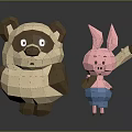 Handmade Paper Craft Panda And Pink Rabbit Figurines With Reflection On Dark Background