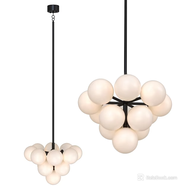 Modern Two Hanging Chandeliers With White Spherical Bulbs And Black Frame 3d model