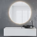 Modern Washbasin Design With Marble Countertop Wooden Cabinet Round Mirror And Stone Basin