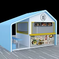 Blue And White Food Kiosk With Open Window Menu Display And Counter