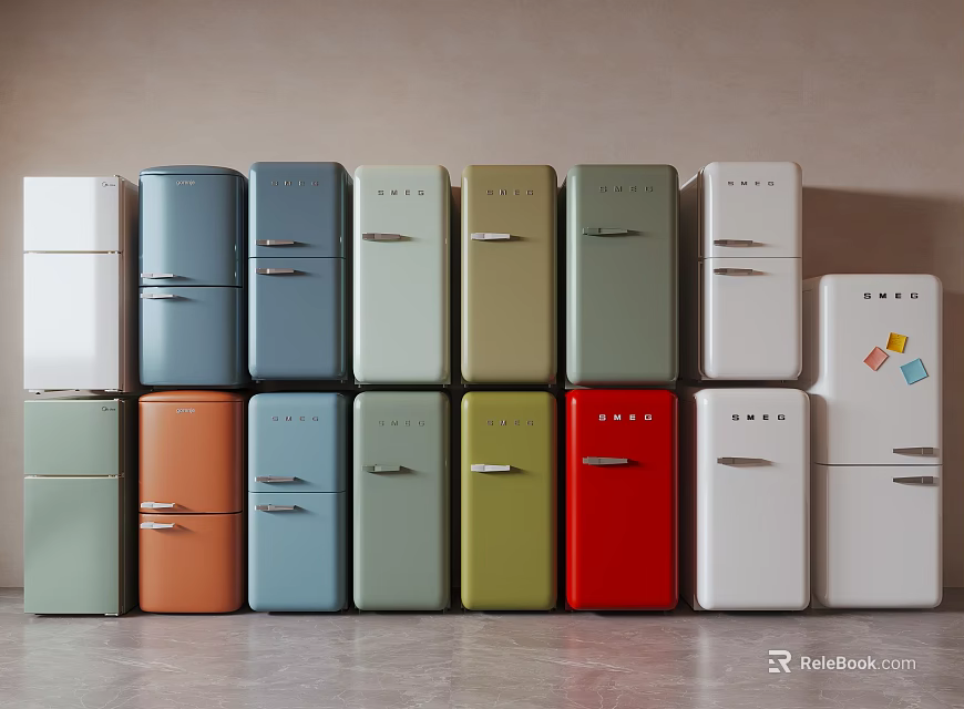 Stylish Retro Refrigerators In Multiple Colors Neatly Arranged In Modern Space 3d model