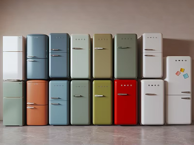 Stylish Retro Refrigerators In Multiple Colors Neatly Arranged In Modern Space 3d model