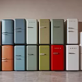 Stylish Retro Refrigerators In Multiple Colors Neatly Arranged In Modern Space 3d model