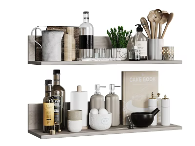 Modern Spice Bottles on Kitchen Shelves with Herbs Cooking Utensils and Cookbook 3d model