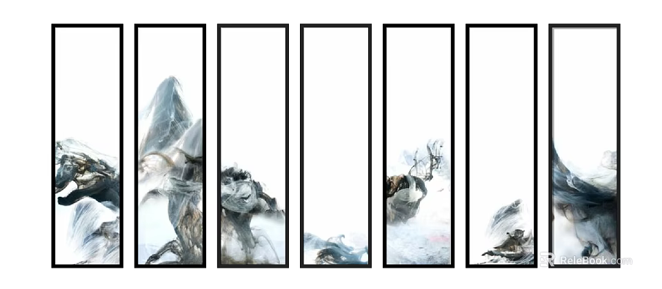 Elegant Five Vertical Ink Wash Landscape Deer Wall Art Paintings 3d model 