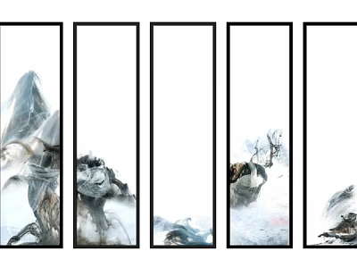 Elegant Five Vertical Ink Wash Landscape Deer Wall Art Paintings 3d model