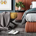 Modern Double Bed with Orange Leather Headboard Deep Blue Wall Art and Gold Sconces