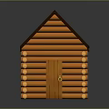 Traditional Rustic Log Cabin With Orange Log Structure Dark Roof Wooden Door And Blue Windows