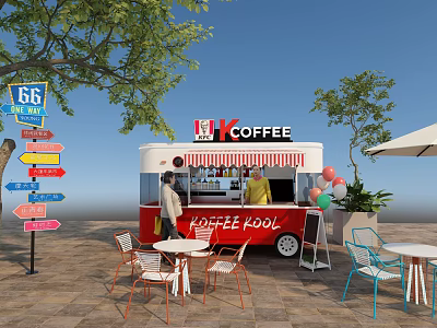 Vibrant Red Coffee Truck With LK COFFEE Sign Outdoor Tables Route 66 Decor And Trees 3d model
