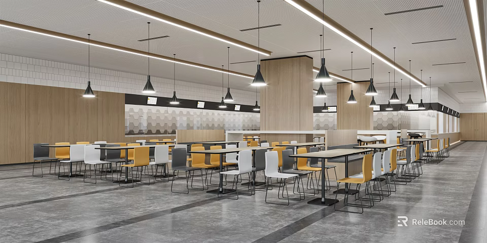 Modern Cafeteria Interior With Wooden Panels Hanging Pendant Lights And Colorful Chairs 3d model 
