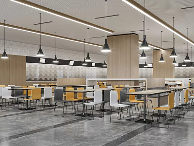 Modern Cafeteria Interior With Wooden Panels Hanging Pendant Lights And Colorful Chairs 3d model