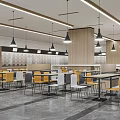 Modern Cafeteria Interior With Wooden Panels Hanging Pendant Lights And Colorful Chairs